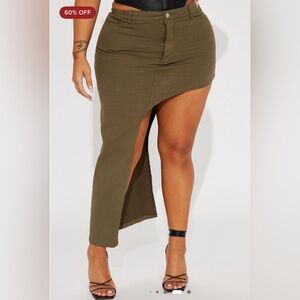 Fashion Nova Solana Asymmetrical Olive Green Maxi Skirt Size 1XL